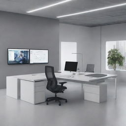 Illustrate a hybrid workspace showcasing seamless integration between digital and physical elements. Include humans interfacing with advanced technology like artificial intelligence.