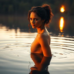 An enchanting scene of an orange-skinned woman gracefully standing in a serene lake, illuminated by the soft glow of the setting sun