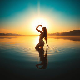 An enchanting scene of an orange-skinned woman gracefully standing in a serene lake, illuminated by the soft glow of the setting sun