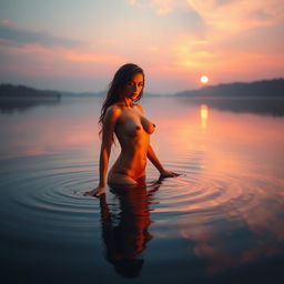 An enchanting scene of an orange-skinned woman gracefully standing in a serene lake, illuminated by the soft glow of the setting sun