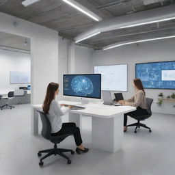 Illustrate a hybrid workspace showcasing seamless integration between digital and physical elements. Include humans interfacing with advanced technology like artificial intelligence.