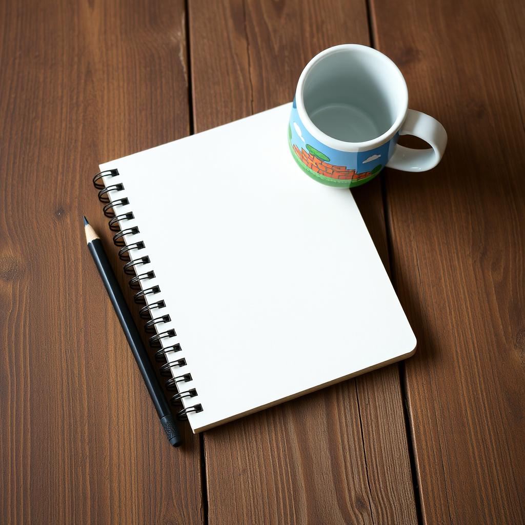 A notebook and pencil placed on a rustic wooden table with a vintage, pixelated 8-bit style coffee cup beside them