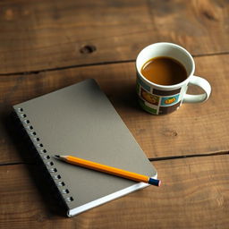 A notebook and pencil placed on a rustic wooden table with a vintage, pixelated 8-bit style coffee cup beside them