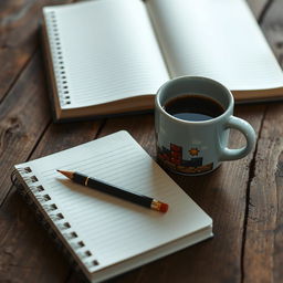 A notebook and pencil placed on a rustic wooden table with a vintage, pixelated 8-bit style coffee cup beside them