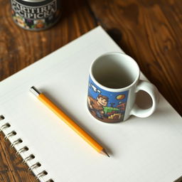 A notebook and pencil placed on a rustic wooden table with a vintage, pixelated 8-bit style coffee cup beside them