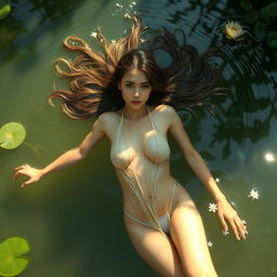 A skinny woman swimming gracefully in a pond, her hair flowing in the water around her