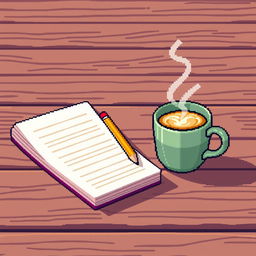 An 8-bit style animated scene featuring a notebook and pencil on a wooden table next to a steaming cup of coffee