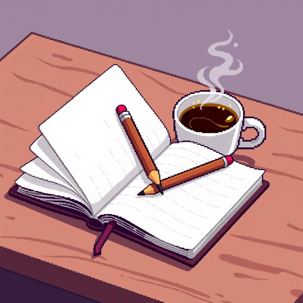 An 8-bit style animated scene featuring a notebook and pencil on a wooden table next to a steaming cup of coffee