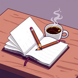 An 8-bit style animated scene featuring a notebook and pencil on a wooden table next to a steaming cup of coffee