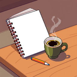 An 8-bit style animated scene featuring a notebook and pencil on a wooden table next to a steaming cup of coffee