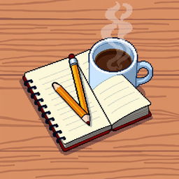 An 8-bit style animated scene featuring a notebook and pencil on a wooden table next to a steaming cup of coffee