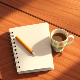 An animated scene featuring a notebook and pencil on a wooden table, depicted in a vivid and delightful animated art style