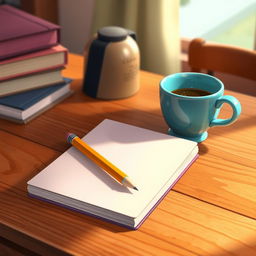 An animated scene featuring a notebook and pencil on a wooden table, depicted in a vivid and delightful animated art style