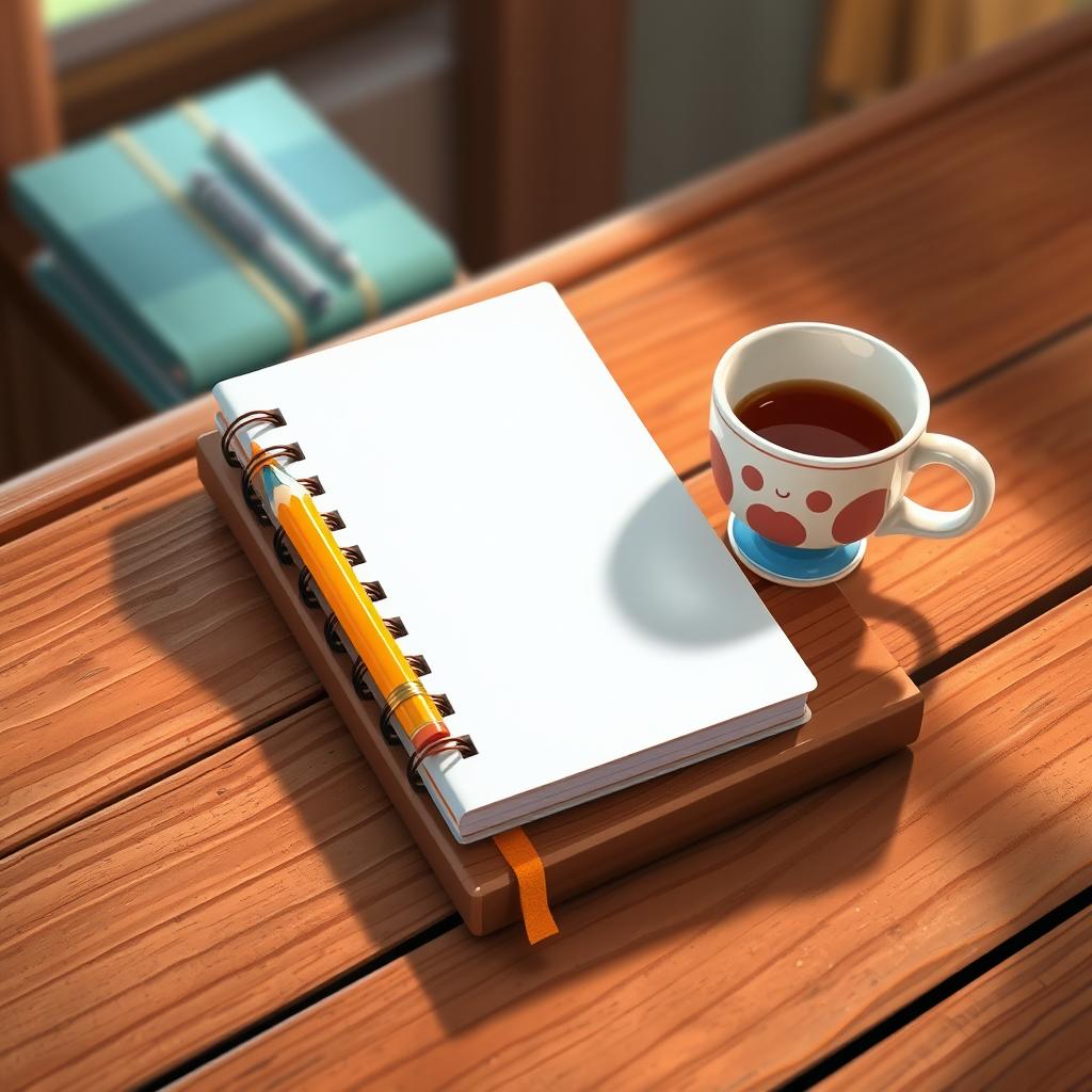 An animated scene featuring a notebook and pencil on a wooden table, depicted in a vivid and delightful animated art style