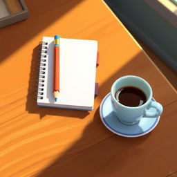 An animated scene featuring a notebook and pencil on a wooden table, depicted in a vivid and delightful animated art style