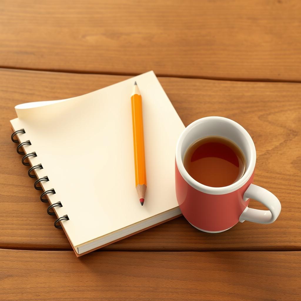 An animated notebook and pencil resting on a wooden table, accompanied by an animated 8-bit tea cup