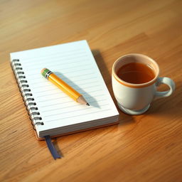 An animated notebook and pencil resting on a wooden table, accompanied by an animated 8-bit tea cup