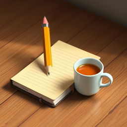 An animated notebook and pencil resting on a wooden table, accompanied by an animated 8-bit tea cup