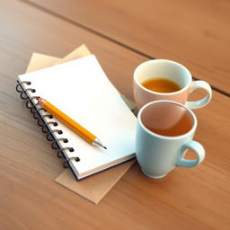 An animated notebook and pencil resting on a wooden table, accompanied by an animated 8-bit tea cup