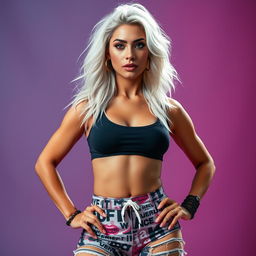 a Latina woman with white hair, wearing torn yoga pants, featuring a confident and empowering stance