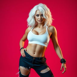 a Latina woman with white hair, wearing torn yoga pants, featuring a confident and empowering stance