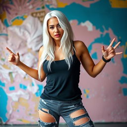 a Latina woman with white hair, wearing torn yoga pants, featuring a confident and empowering stance