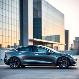 A sleek Tesla Model 3 car parked in a modern urban setting, showcasing its aerodynamic design and elegant curves