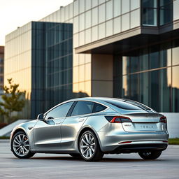 A sleek Tesla Model 3 car parked in a modern urban setting, showcasing its aerodynamic design and elegant curves