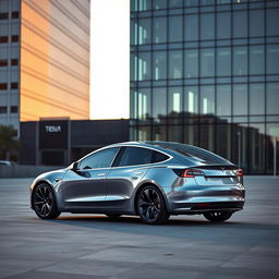 A sleek Tesla Model 3 car parked in a modern urban setting, showcasing its aerodynamic design and elegant curves