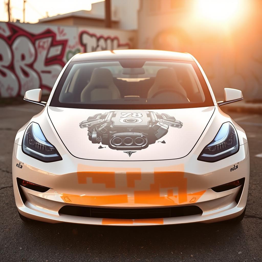 A Tesla Model 3 featuring a creatively taped V8 engine illustration on the frunk, complemented by dynamic and artistic adhesive tape designs on the body