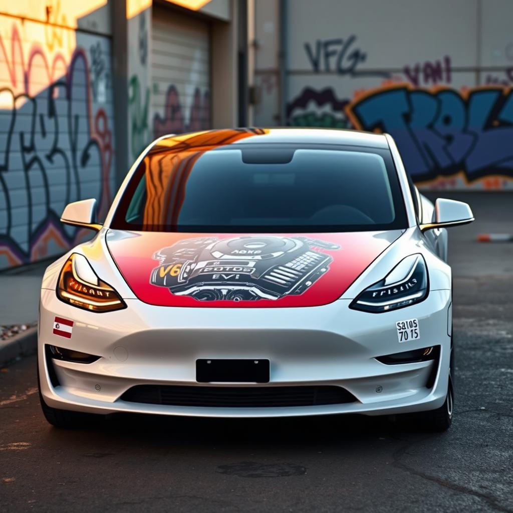 A Tesla Model 3 featuring a creatively taped V8 engine illustration on the frunk, complemented by dynamic and artistic adhesive tape designs on the body