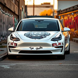 A Tesla Model 3 featuring a creatively taped V8 engine illustration on the frunk, complemented by dynamic and artistic adhesive tape designs on the body