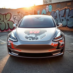 A Tesla Model 3 featuring a creatively taped V8 engine illustration on the frunk, complemented by dynamic and artistic adhesive tape designs on the body