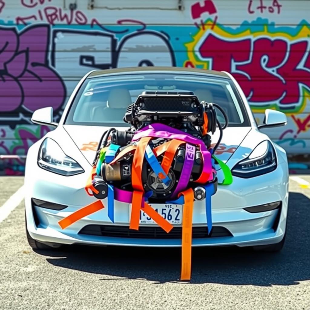 A Tesla Model 3 with a conceptual scene where a V8 engine appears to be bursting out of the frunk, held down by an array of colorful duct tapes