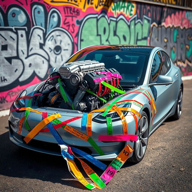 A Tesla Model 3 with a conceptual scene where a V8 engine appears to be bursting out of the frunk, held down by an array of colorful duct tapes