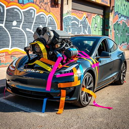 A Tesla Model 3 with a conceptual scene where a V8 engine appears to be bursting out of the frunk, held down by an array of colorful duct tapes