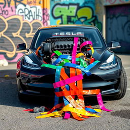 A Tesla Model 3 with a conceptual scene where a V8 engine appears to be bursting out of the frunk, held down by an array of colorful duct tapes