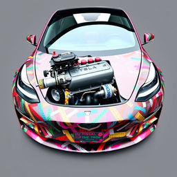 A vibrant and artistic depiction of a Tesla Model 3, with a creative design showing a V8 engine seemingly trying to escape from the frunk