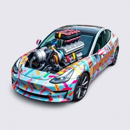 A vibrant and artistic depiction of a Tesla Model 3, with a creative design showing a V8 engine seemingly trying to escape from the frunk