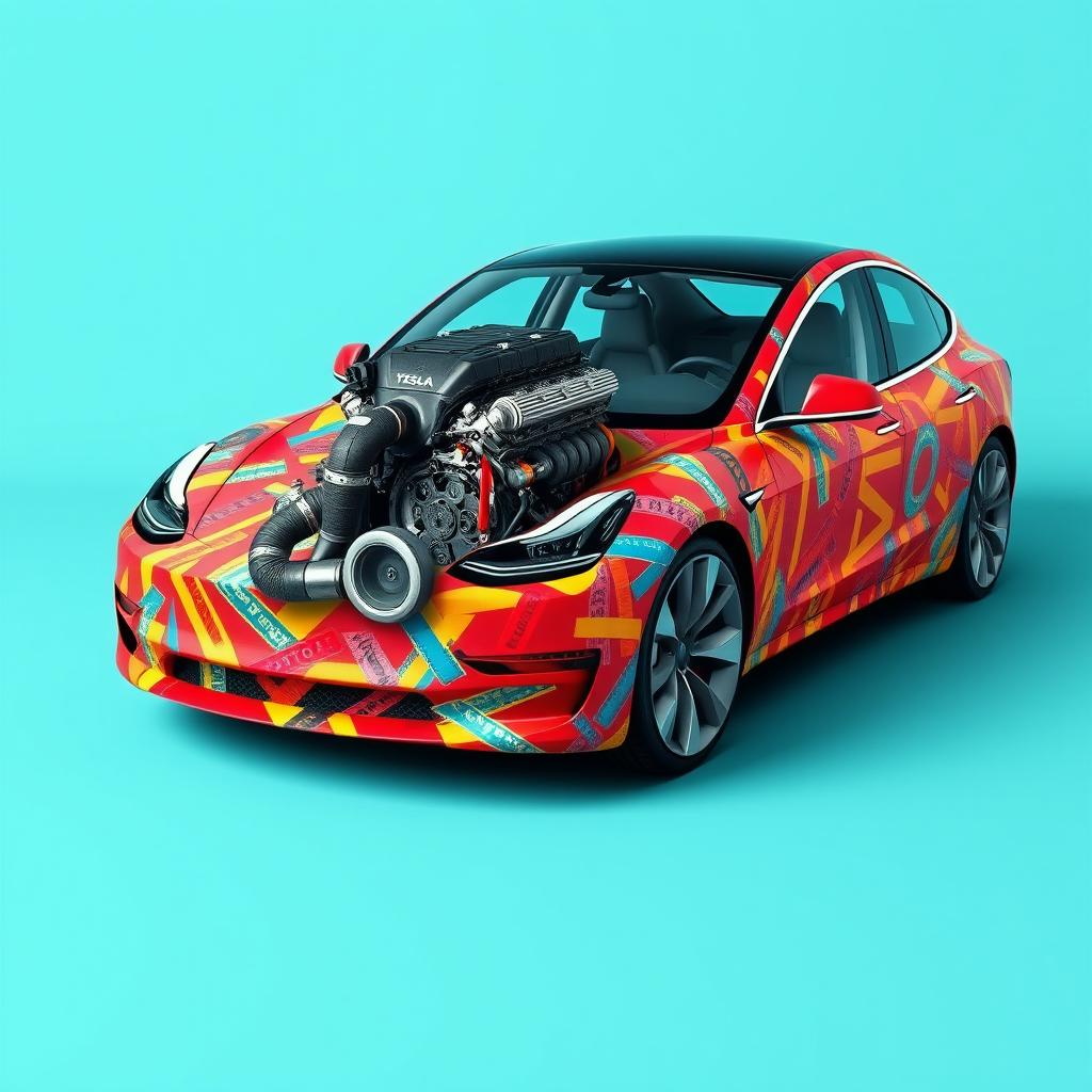 A vibrant and artistic depiction of a Tesla Model 3, with a creative design showing a V8 engine seemingly trying to escape from the frunk