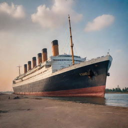 The infamous Titanic ship dramatically set in the diverse landscapes of Uzbekistan, blending the industrial icon with the rich cultural backdrop.