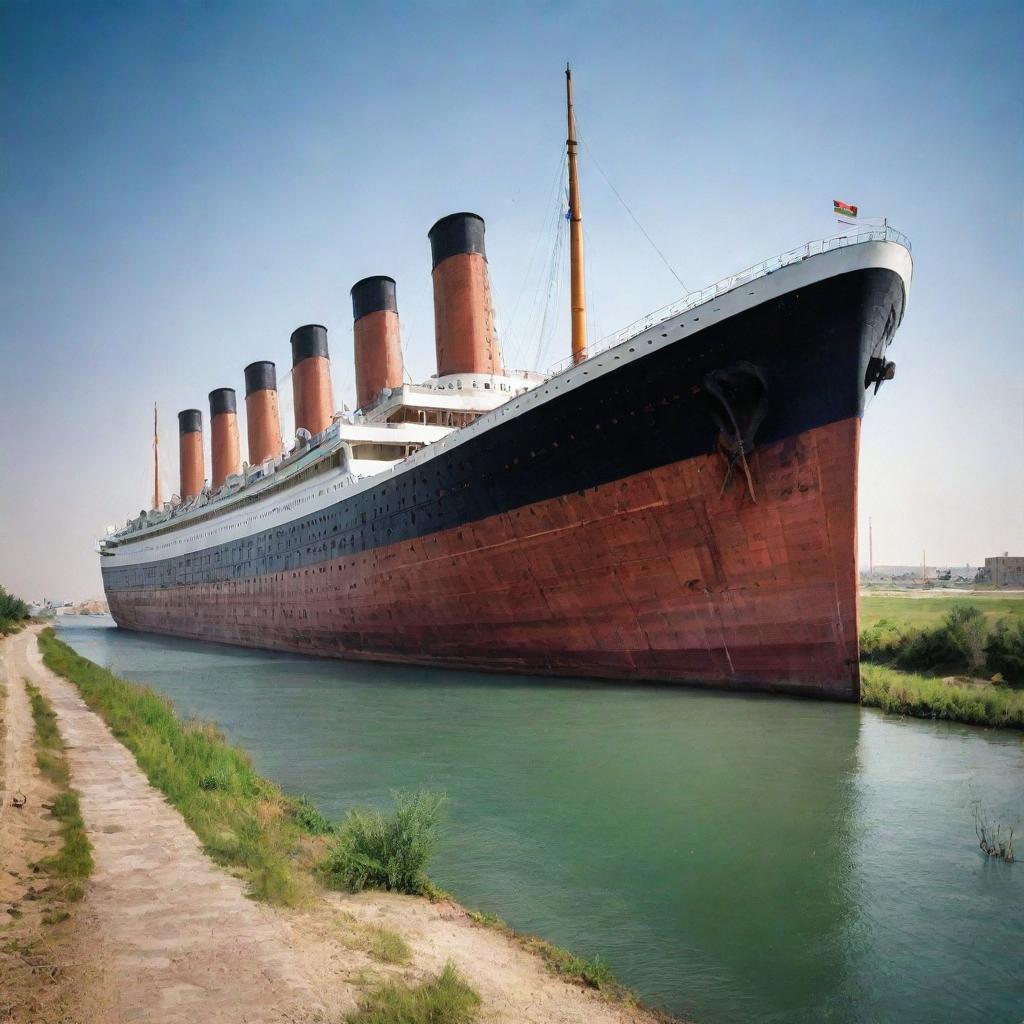 The infamous Titanic ship dramatically set in the diverse landscapes of Uzbekistan, blending the industrial icon with the rich cultural backdrop.