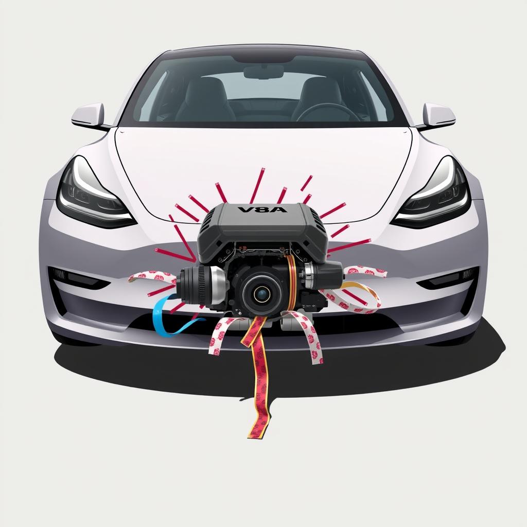 A 2D design of a Tesla Model 3 for a car wrap, featuring a dynamic scene where a V8 engine appears to be bursting out of the frunk, creatively held down by assorted colorful duct tapes