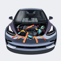 A 2D design of a Tesla Model 3 for a car wrap, featuring a dynamic scene where a V8 engine appears to be bursting out of the frunk, creatively held down by assorted colorful duct tapes