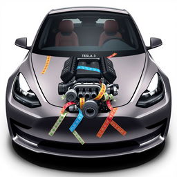 A 2D design of a Tesla Model 3 for a car wrap, featuring a dynamic scene where a V8 engine appears to be bursting out of the frunk, creatively held down by assorted colorful duct tapes