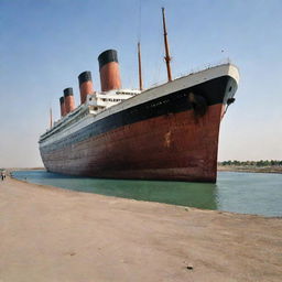 The infamous Titanic ship dramatically set in the diverse landscapes of Uzbekistan, blending the industrial icon with the rich cultural backdrop.