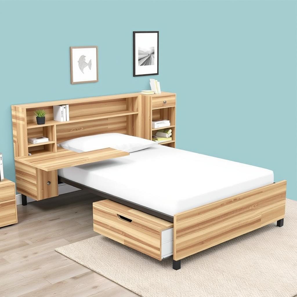 A single bed with an integrated desk attached to the footboard, designed to maximize space