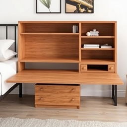 A single bed with an integrated desk attached to the footboard, designed to maximize space