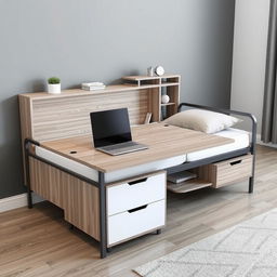 A single bed with an integrated desk attached to the footboard, designed to maximize space