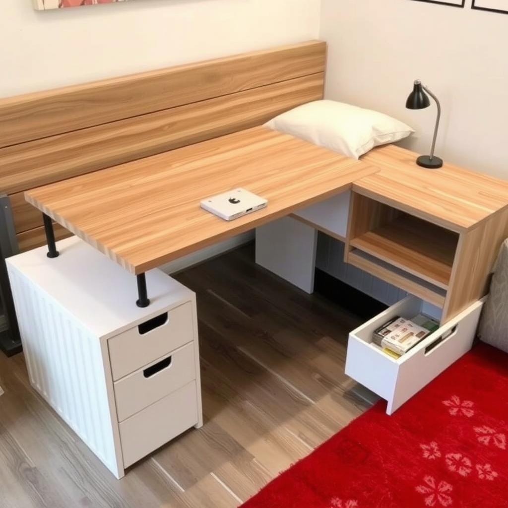 A single bed with an L-shaped desk attached to the footboard, continuing along the length of the bed